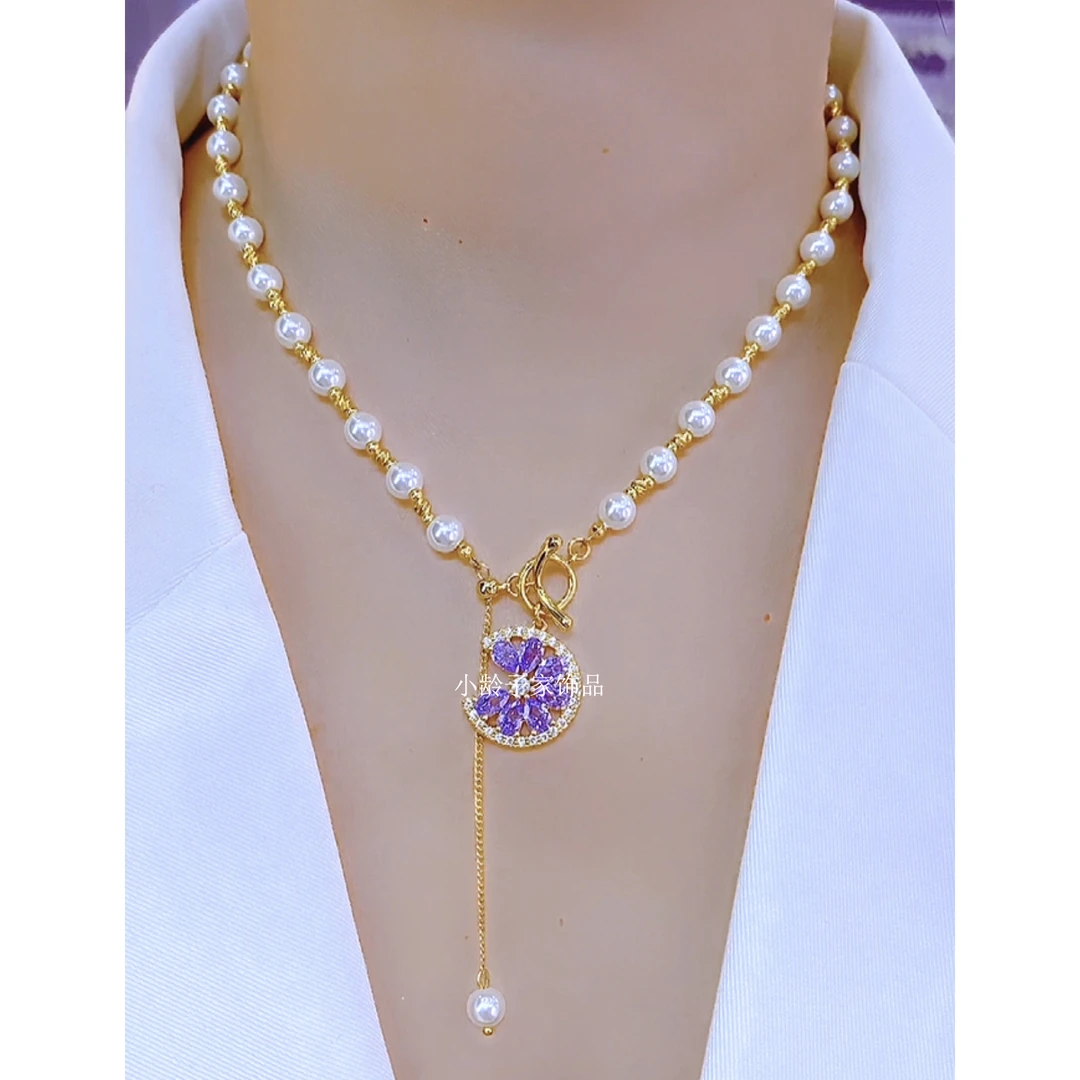 铜合金仿珍珠项链 百搭甜美精致优雅时尚气质柑橘片项链