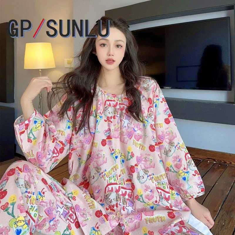 日本小众GP粉色日系睡衣女春秋款卡通可爱棉质宽松家居服套装秋冬