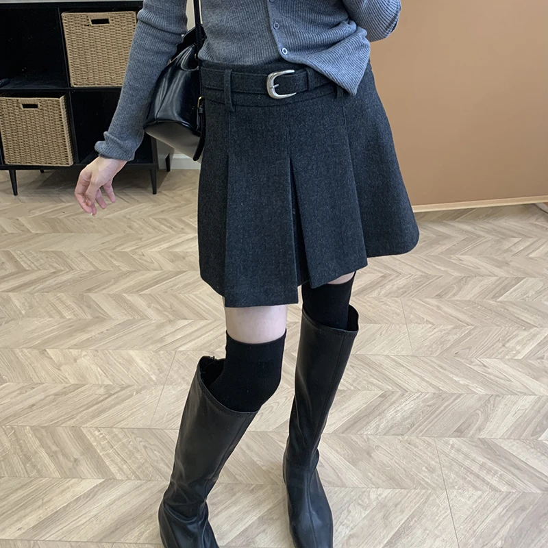 【南油谨宸】减龄百褶毛呢短裙秋冬配腰带高腰A字半身裙802065