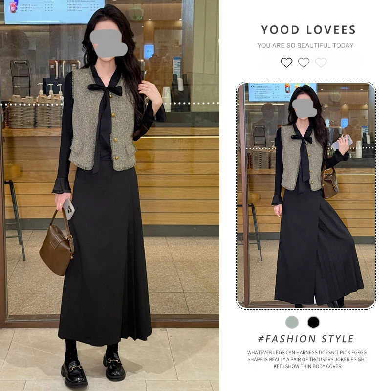 春秋新款时尚气质百搭马甲+蝴蝶结飘带上衣+高腰显瘦裙裤三件套女