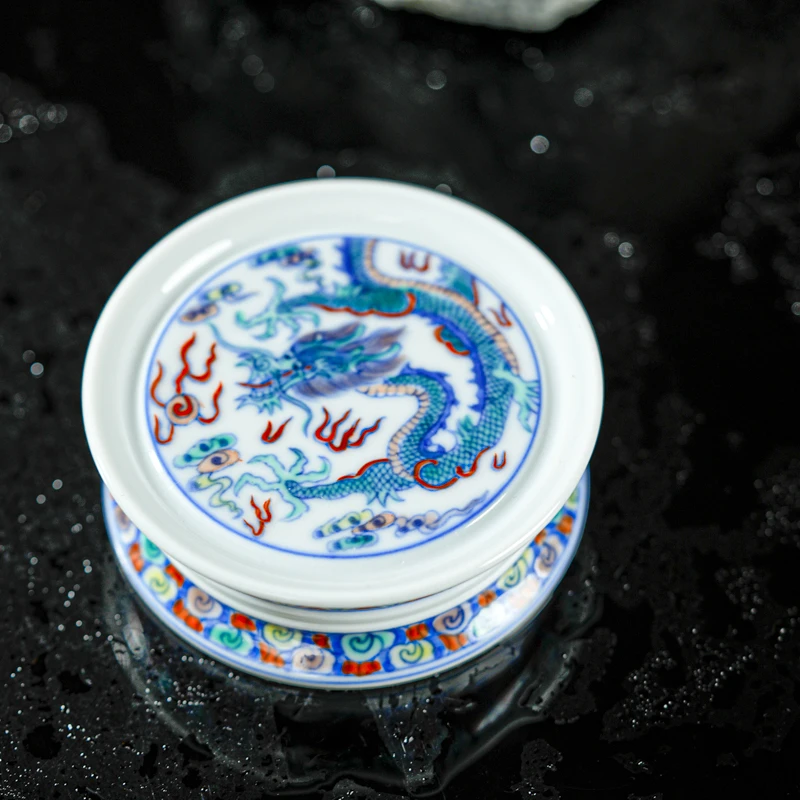 【小乔赏瓷】涂杏花斗彩团龙纹盖置（莲花）txh227