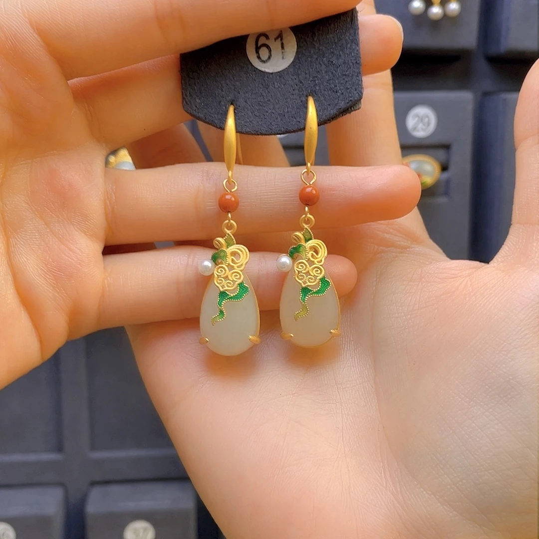 和田玉耳饰银S925镀金镶嵌