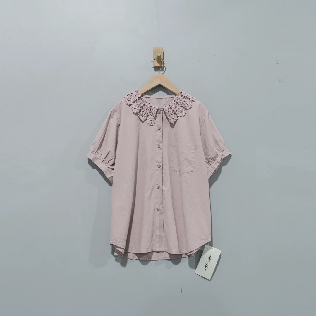 【且听风吟】0113634文艺棉花边领口袋休闲百搭衬衫 衣长63胸围120