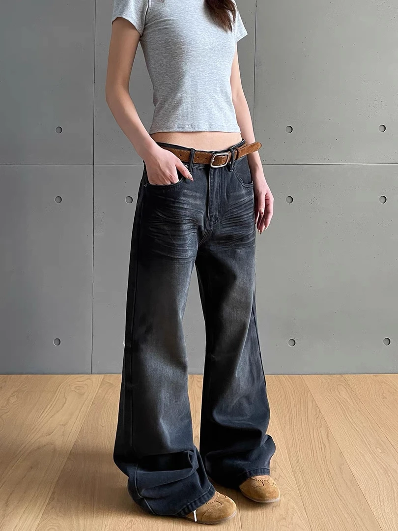 加长美式黑灰水洗阔腿微喇叭牛仔裤女2025年秋季新款辣妹拖地裤子