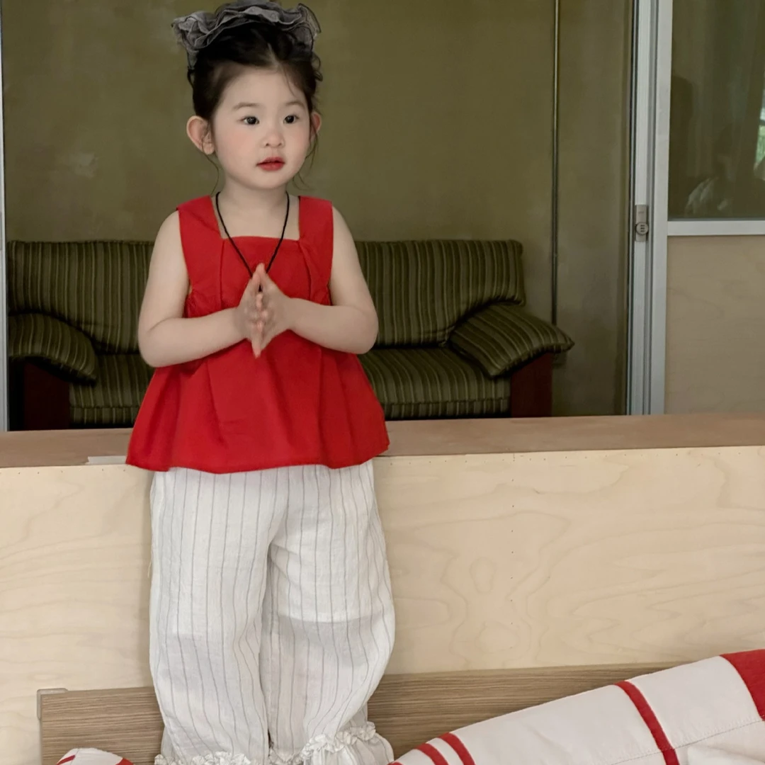 2025夏季新款童装 韩版童装 女童纯色方领无袖上衣 儿童夏款衬衫