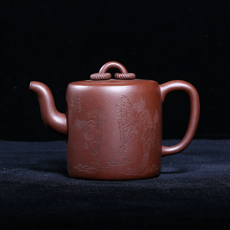 台湾回流早期一厂老壶紫泥9孔450c骏马刻绘双圈壶