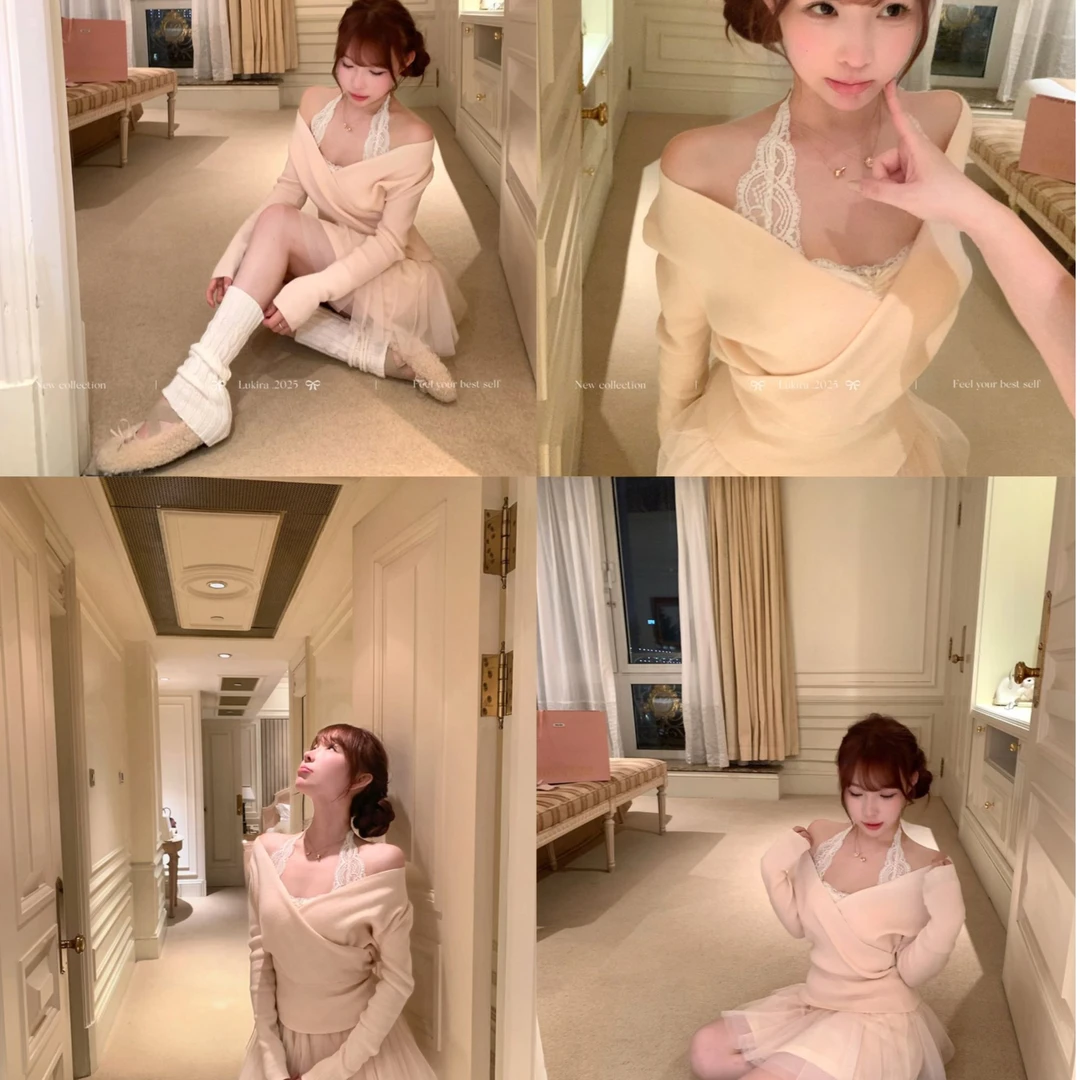 【纯欲悸动】粉色交叉V领露肩针织衫毛衣女秋冬蝙蝠袖上衣