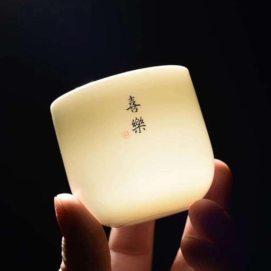 德化白瓷直筒喜乐主人杯陶瓷羊脂玉品茗杯创意茶杯
