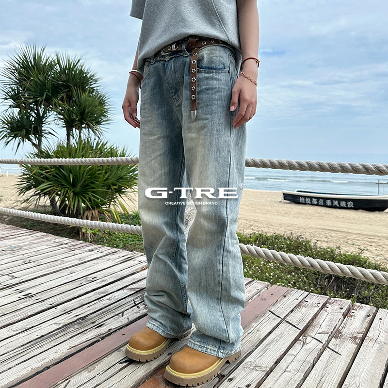 G-TRE 25SS“巴黎风”竹节纹腰部破坏水洗蓝微喇直筒蓝牛