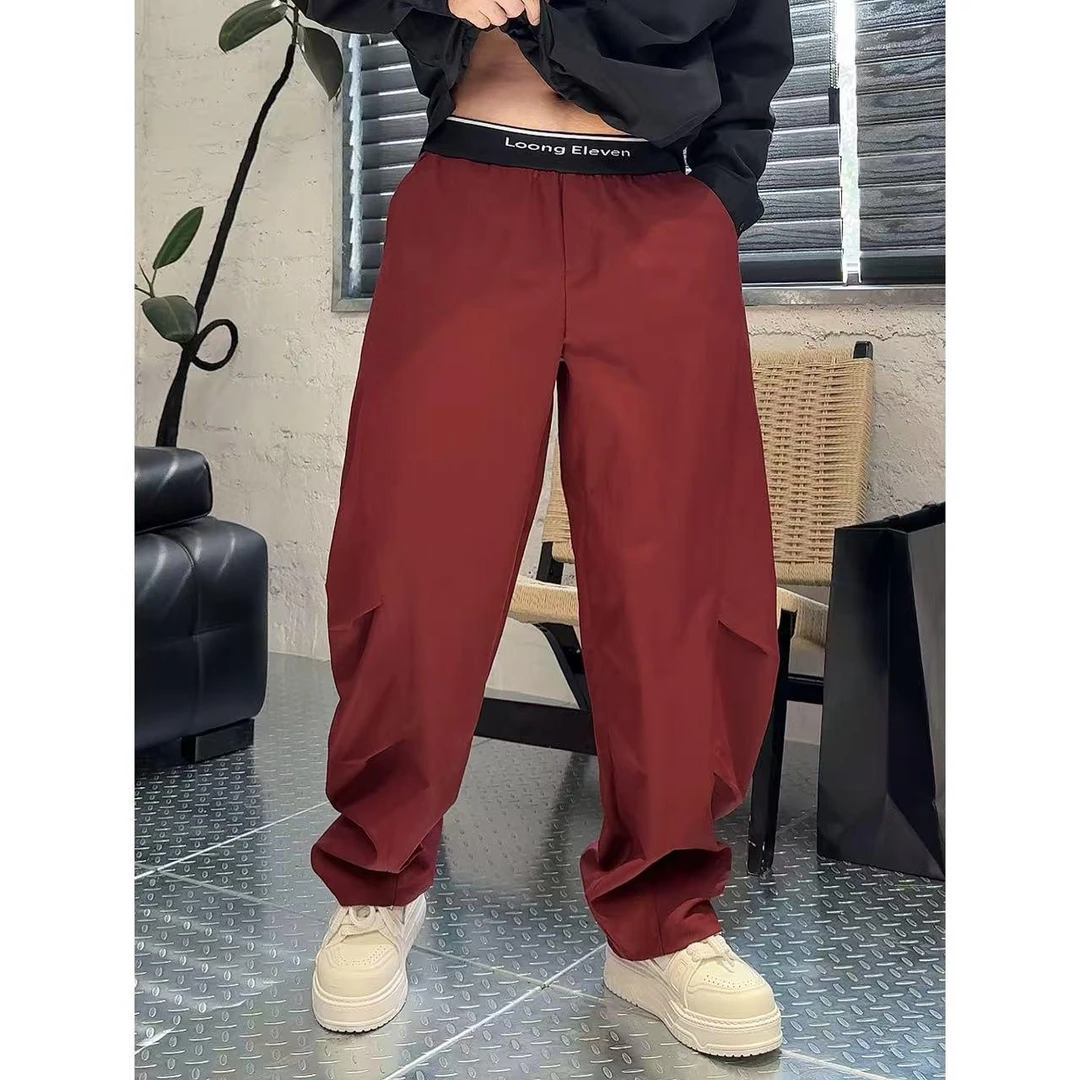 YULE雨乐5838撞色字母腰运动裤秋季休闲宽松掐褶阔腿长裤弯刀裤男