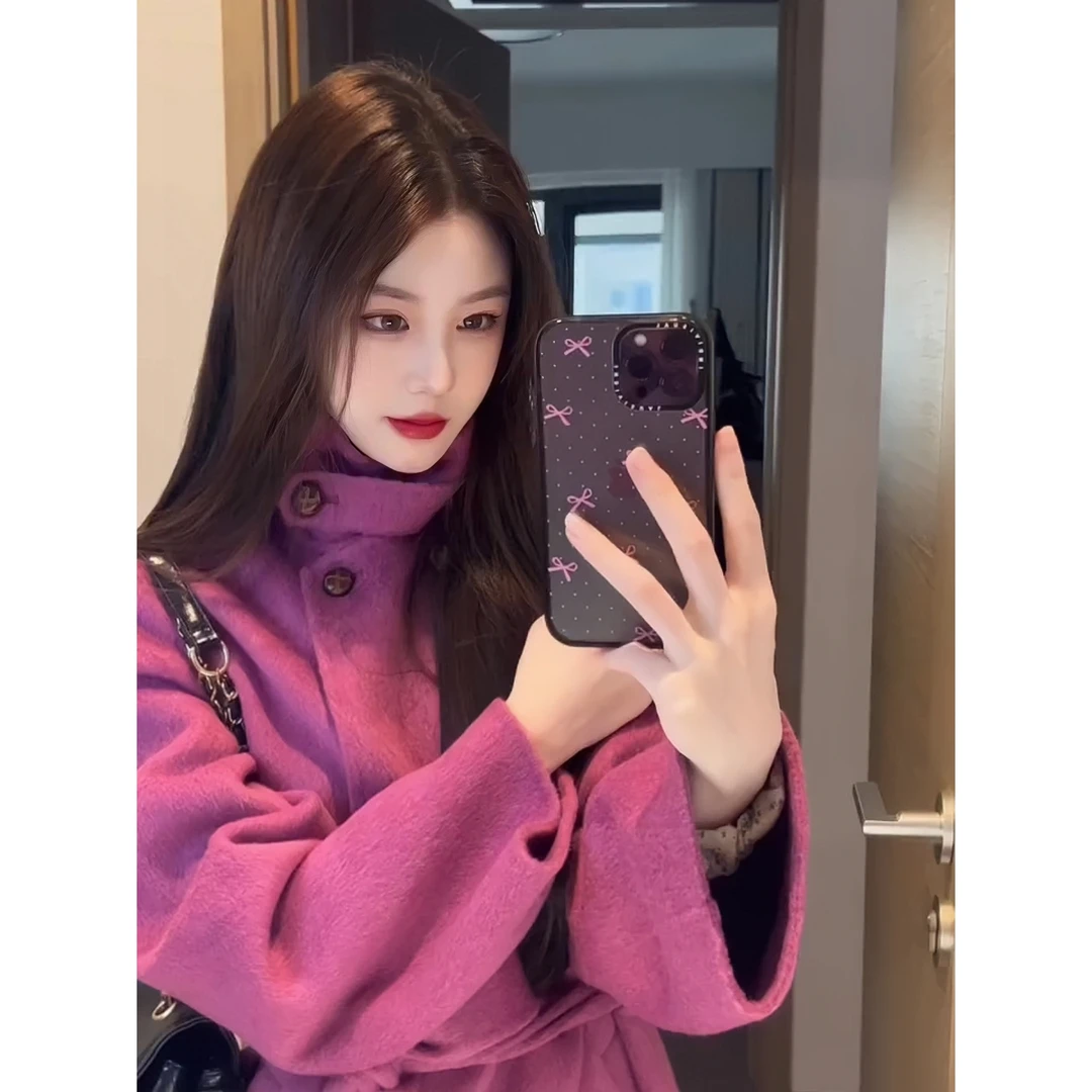 2025秋冬韩系设计感大衣女秋冬高级感名媛气质系带收腰双排扣外套