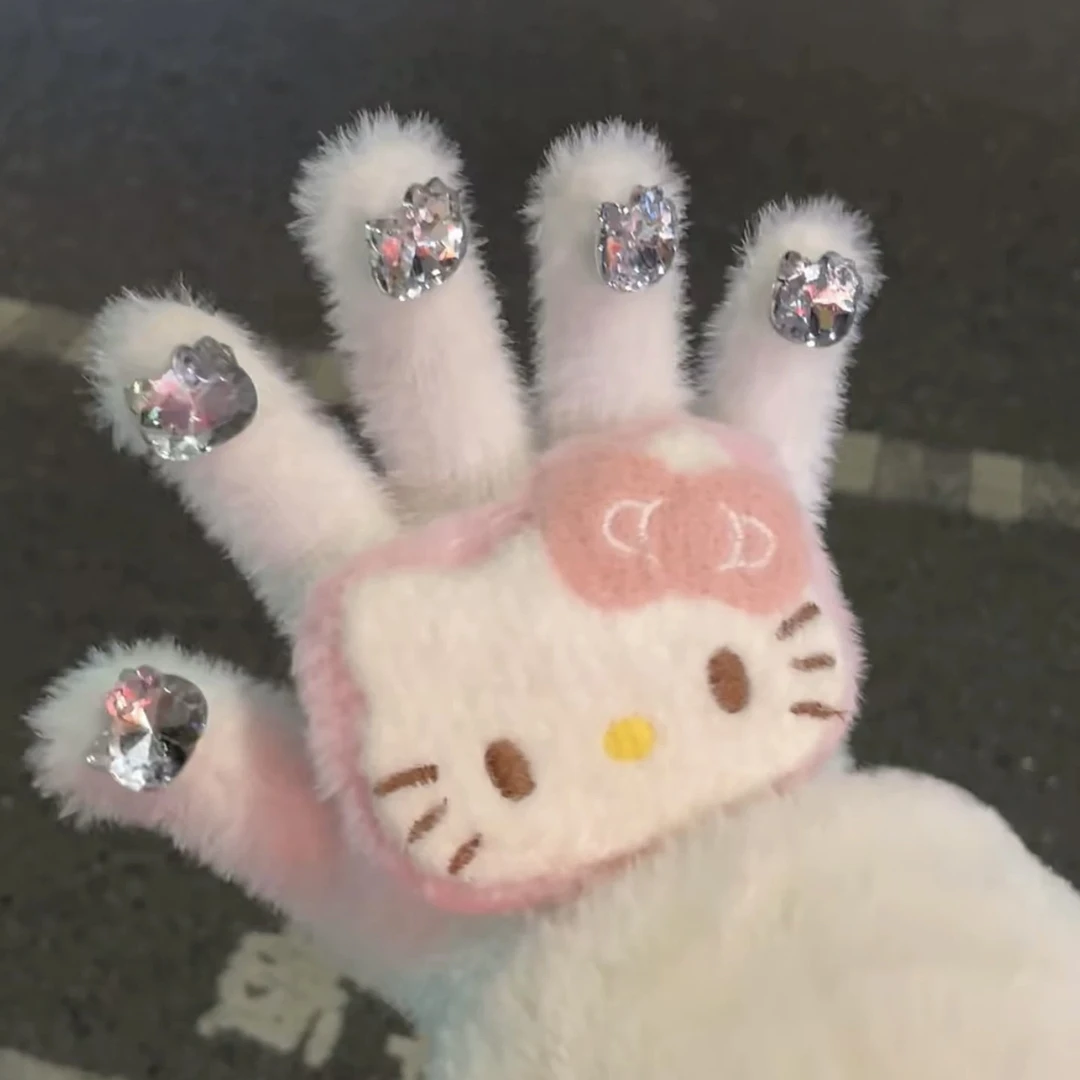 可爱水钻Kitty五指针织毛绒保暖手套女冬季百搭防寒防风骑行加厚