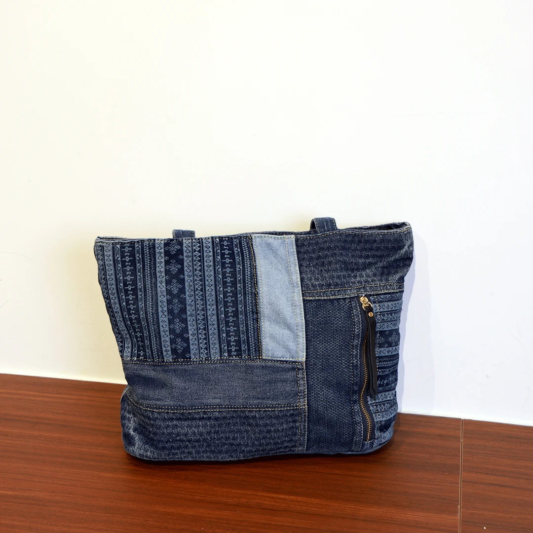 2025新款原创设计民族风拼接牛仔托特包女款休闲百搭大容量单肩包