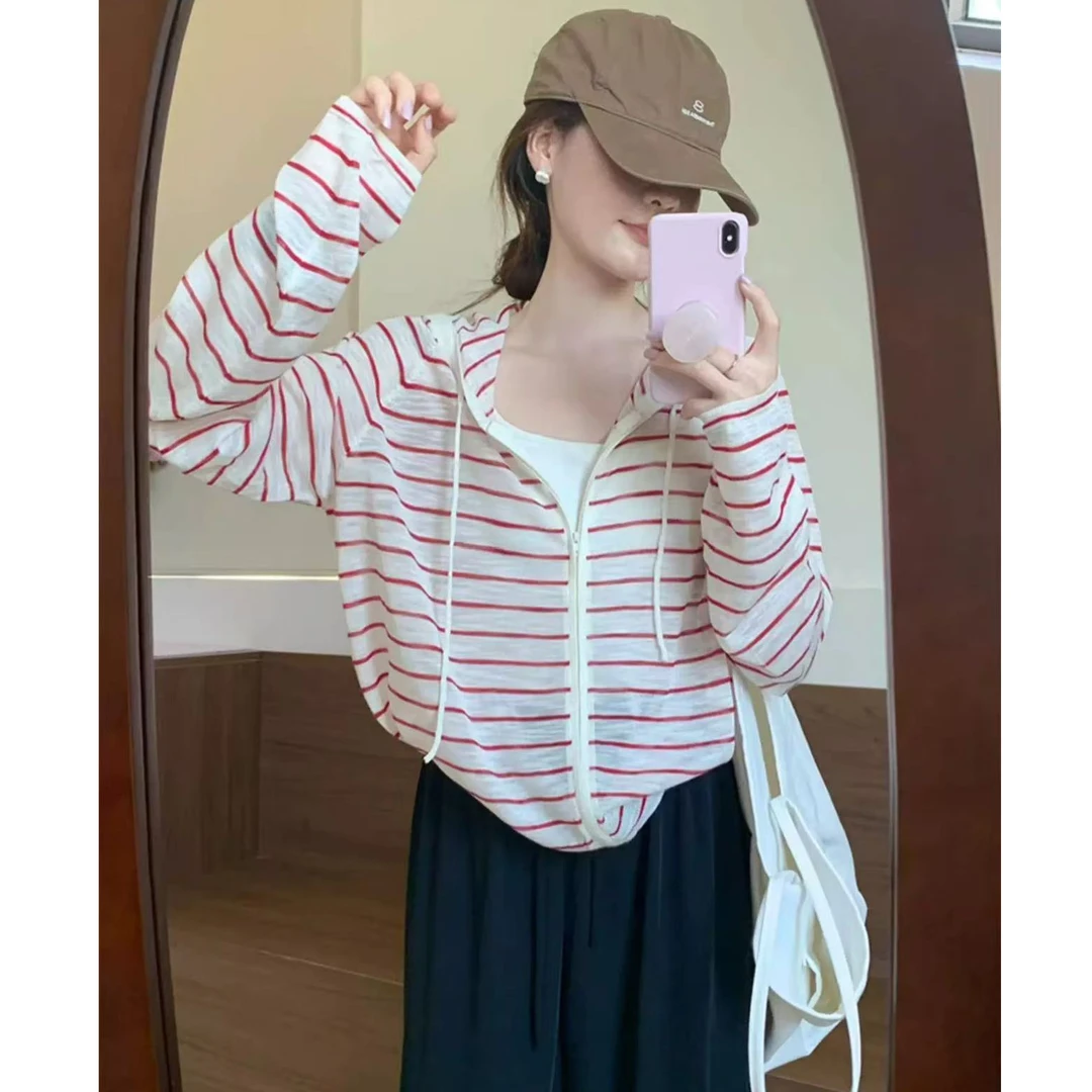 夏季薄款微透日系休闲撞色条纹防晒罩衫连帽衣女宽松外搭开衫上衣