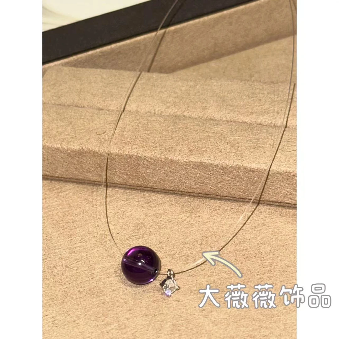 坠链均925银 法式冰透紫色圆珠项链-4937
