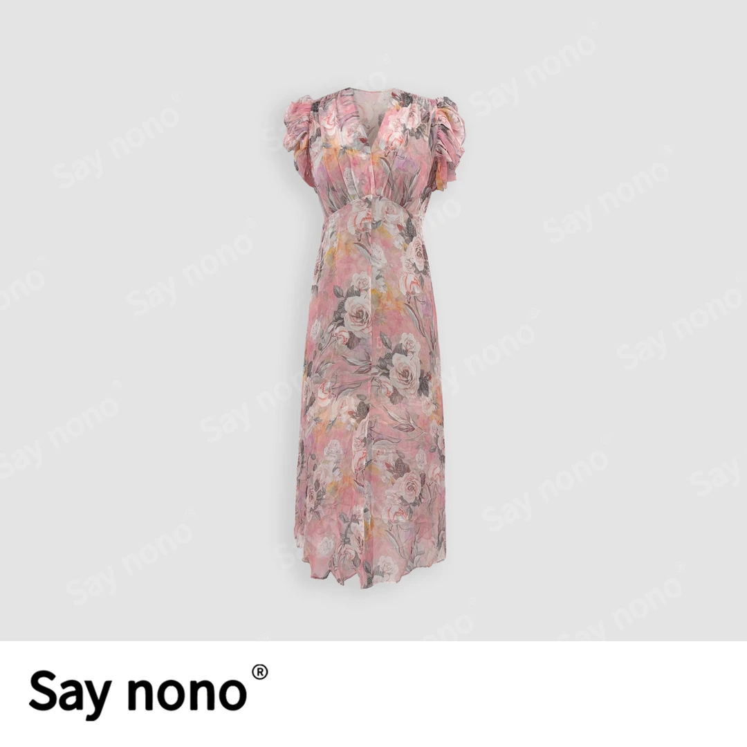 懒猫nono│Saynono 时尚法式气质浪漫印花真丝连衣裙H06925X