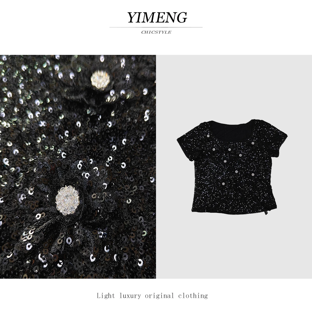 YIMENG/逸梦【云雾花影】黑色圆领短袖百搭显瘦版型时尚宽松上衣