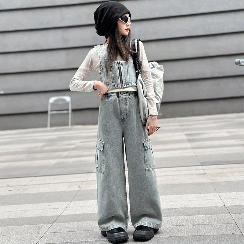 女童春秋款牛仔马甲套装2025新款6-12岁15中大童潮酷工装裤三件套