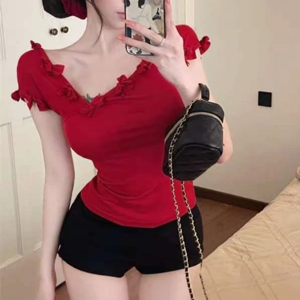 大码2025新款法式气质别致绝美蝴蝶结少女柔半袖短款上衣T恤女