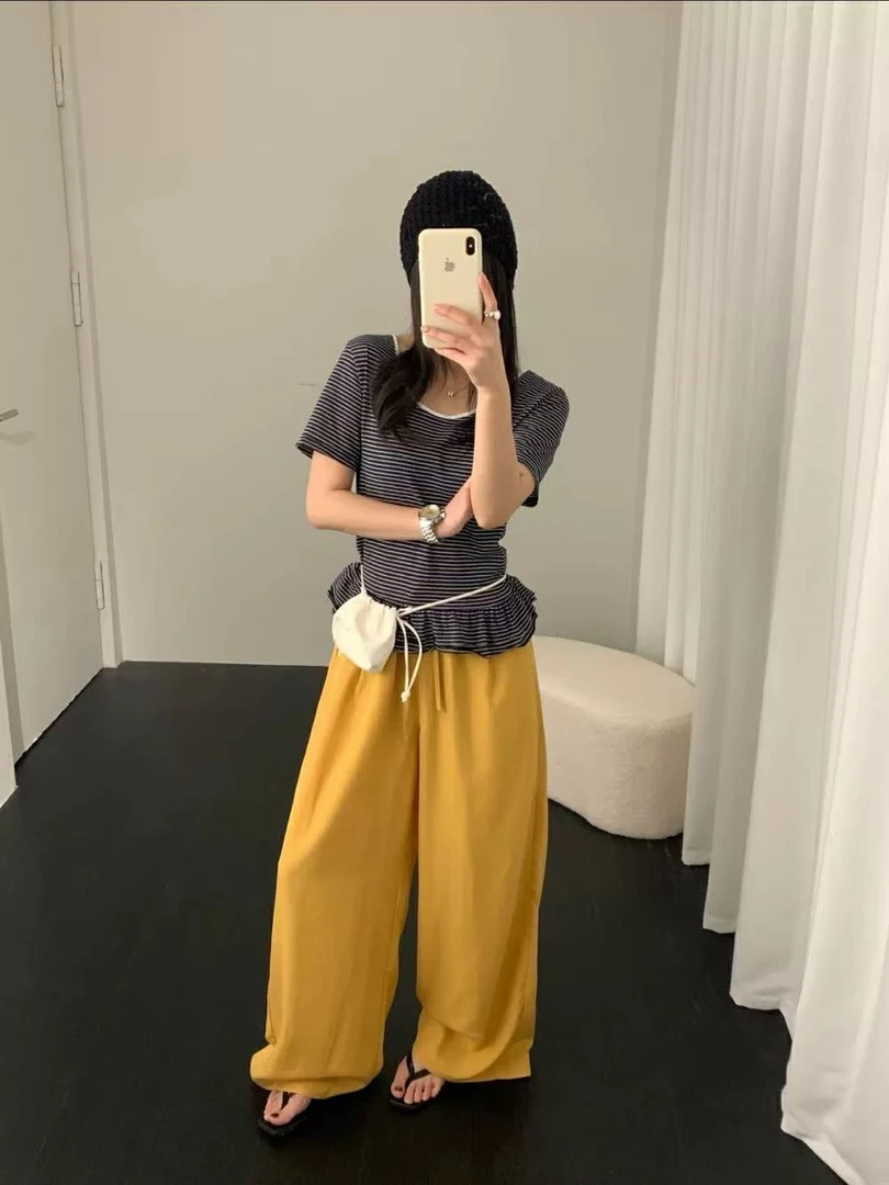 韩系阔腿裤女夏季薄款高腰直筒垂感宽松休闲裤-0150