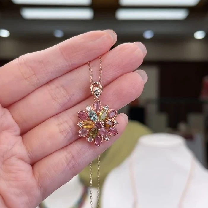 碧玺吊坠/银镶嵌太阳花设计款48