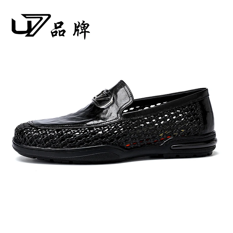 U7品牌男鞋 头层牛皮 2025新款真皮编织皮鞋男士一脚蹬镂空凉鞋