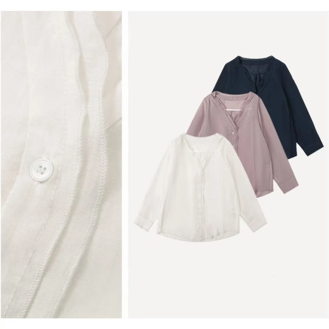 韩系简约夏季新品双层花边V领微透宽松衬衫21965#