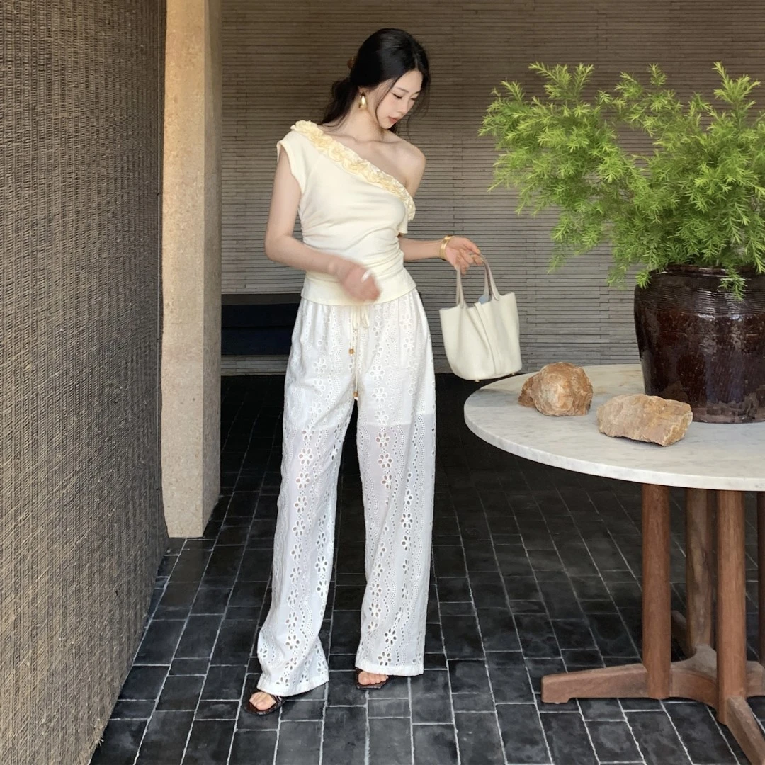 SYT原创 刺绣花纹镂空高腰裤显高长裤