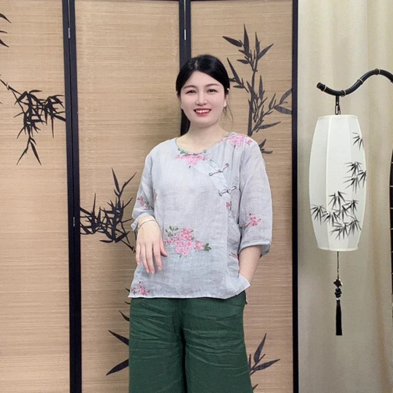 2509新中式国风复古刺绣圆领休闲苎麻小衫中国风上衣