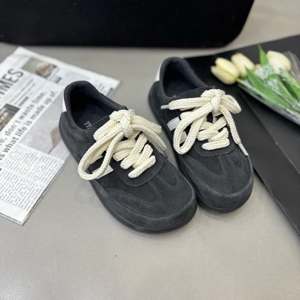 小雨家【韩版】休闲平底真皮时尚潮流圆头系带拼色百搭德训鞋女