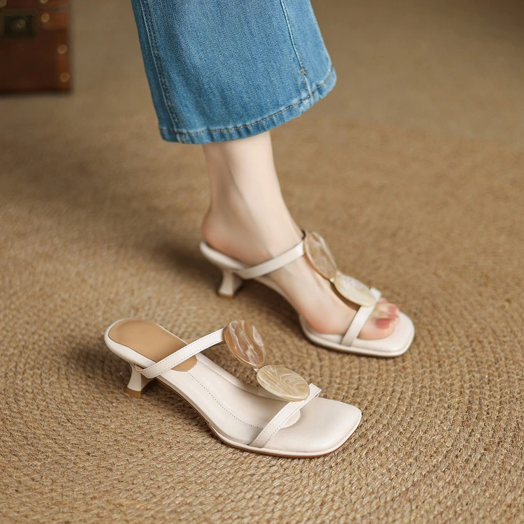 5cm~法式凉拖鞋女夏外穿踩屎感粗跟软底高跟鞋不累脚小凉鞋巨好看