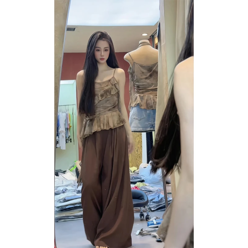 2025年春夏季新款晕染吊带上衣背心美背咖色直筒阔腿裤贵气感御姐