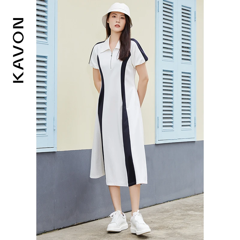 【晨粉专享价】简约polo领拉链收腰撞色线视觉显瘦连衣裙KK2L190XE