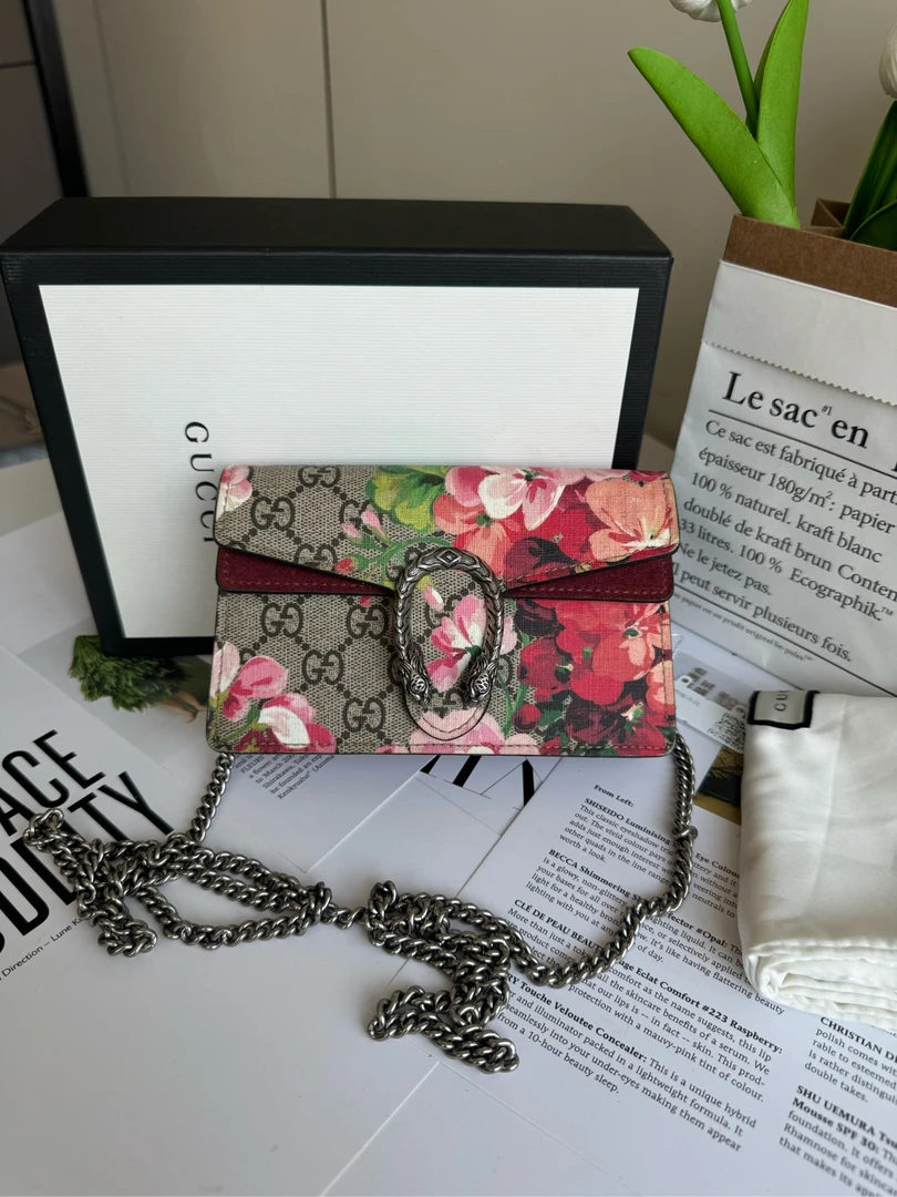 99新 GUCCI/古驰 天竺葵花卉酒神mini链条包