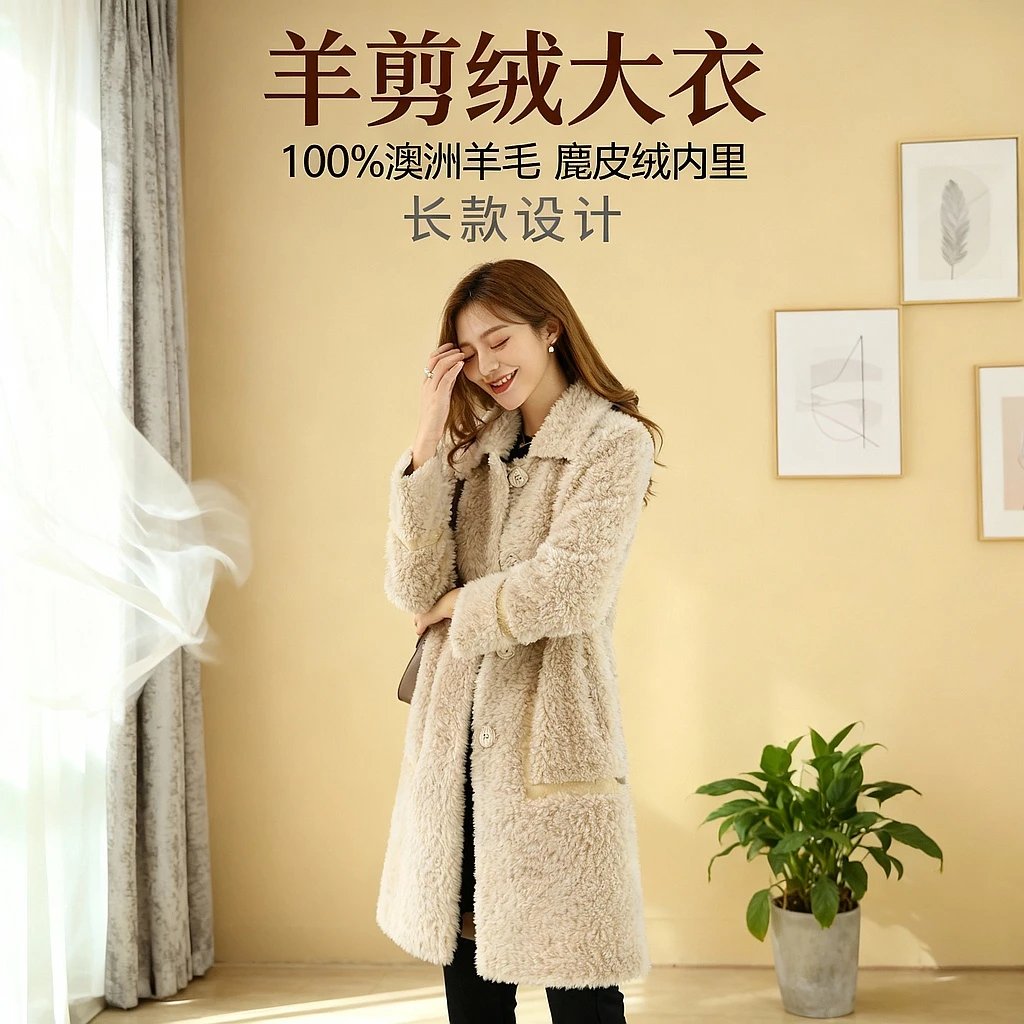 2023冬季新款海宁颗粒羊羔毛外套女长款加厚气质羊剪绒大衣370920