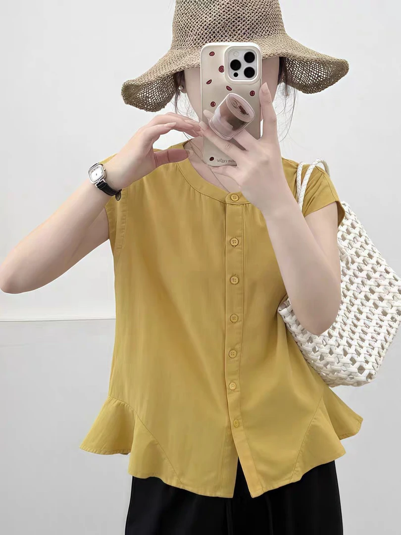 夏季时尚圆领无袖衬衫女宽松显瘦小衫上衣潮流T恤