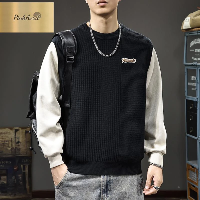 PinkAvril秋季潮牌假两件毛衣男慵懒风重磅宽松圆领针织衫美式复