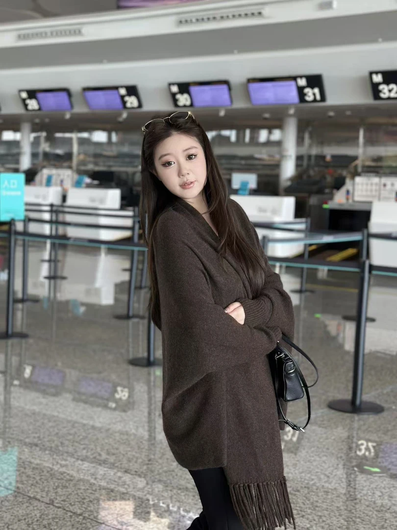 琪琪怪怪大码女装【流苏斗篷】时尚宽松设计感针织开衫T57741QTQ