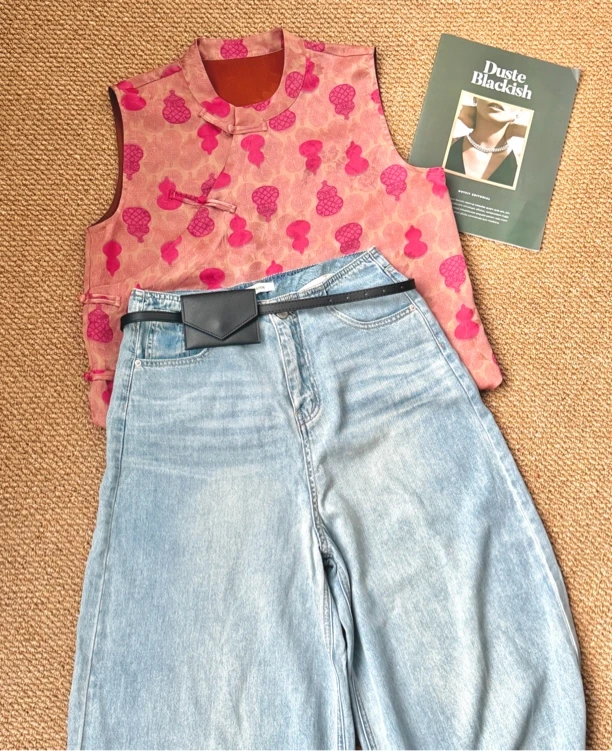 桑蚕丝百搭夏季链接3号休闲阔腿背心宽松时尚牛仔裤短款外穿高腰