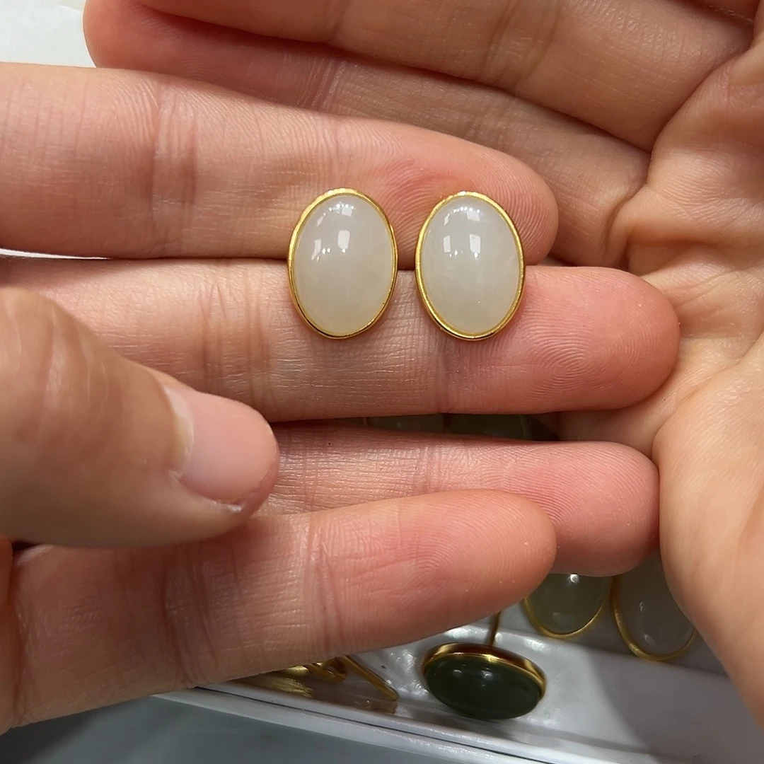 和田玉耳饰银S925镶嵌鱼*鱼