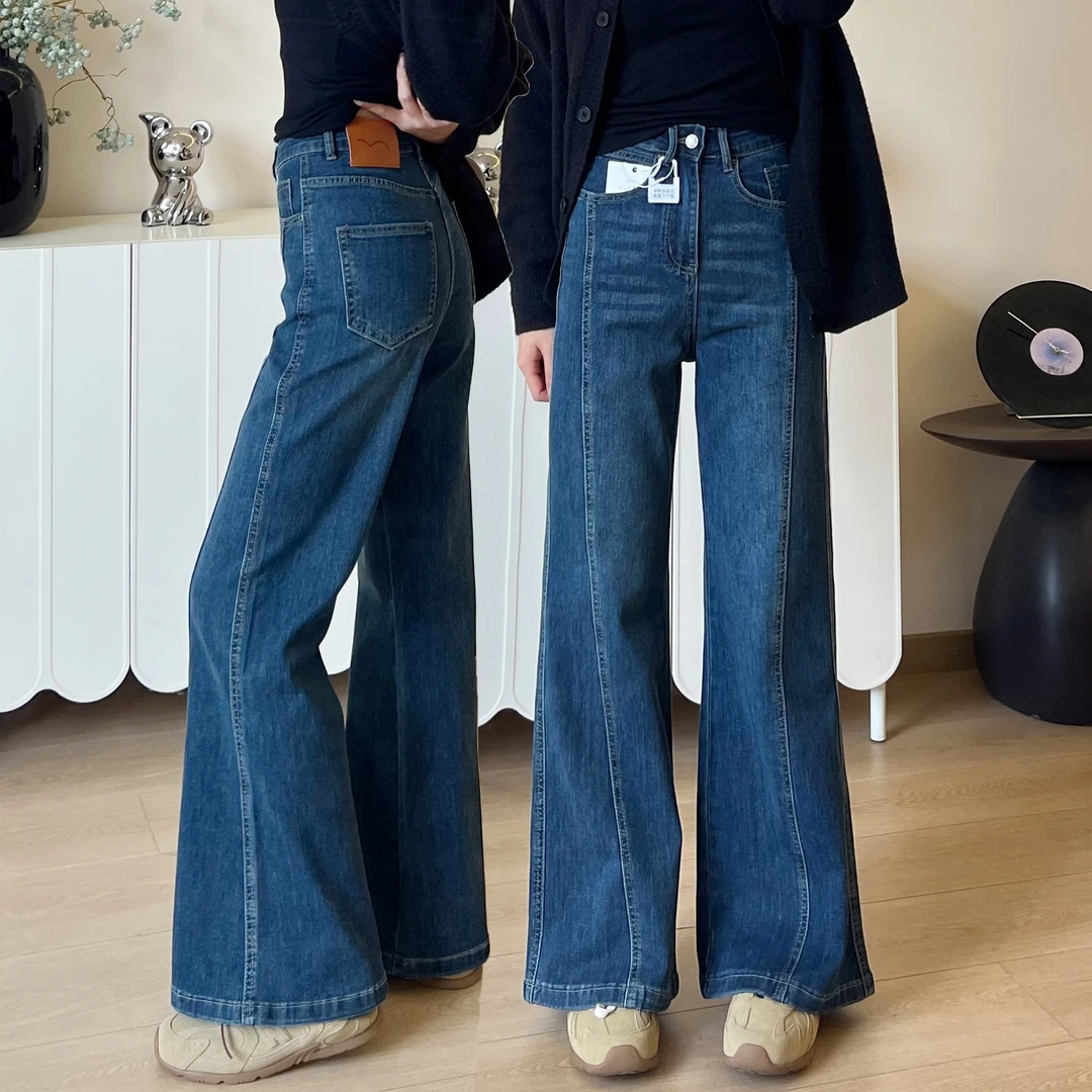 宽松休闲高腰早秋阔腿微喇裤女阔腿裤性感风喇叭裤牛仔裤显瘦长裤