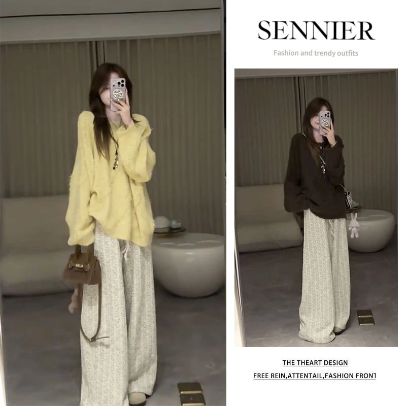 早秋穿搭一整套2025新款慵懒风宽松长袖毛衣显瘦阔腿休闲裤两件套