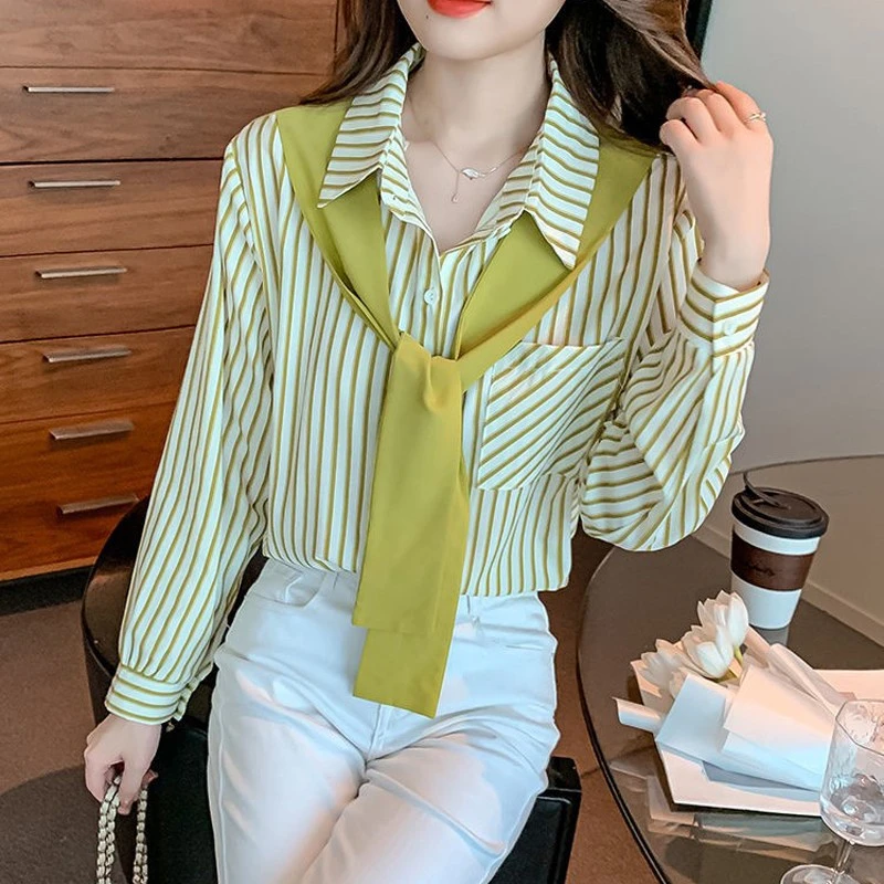 卡洛莱 假两件条纹衬衫女外穿2025早春款衬衣设计感宽松显瘦上衣
