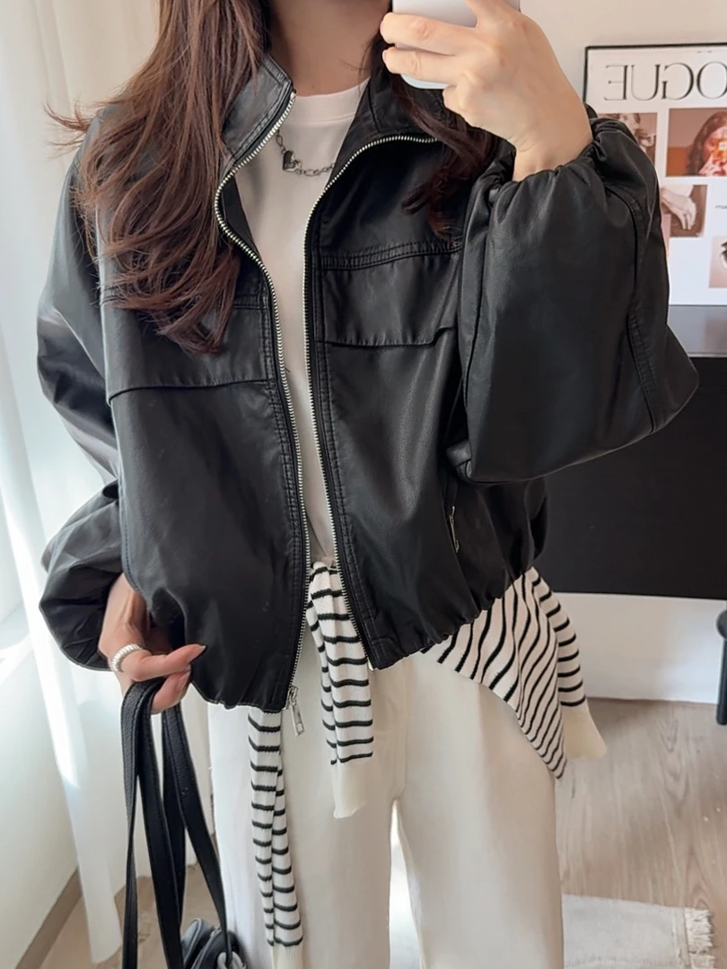 运费补贴小个子秋季韩版设计感气质百搭显瘦立领长袖皮衣外套女