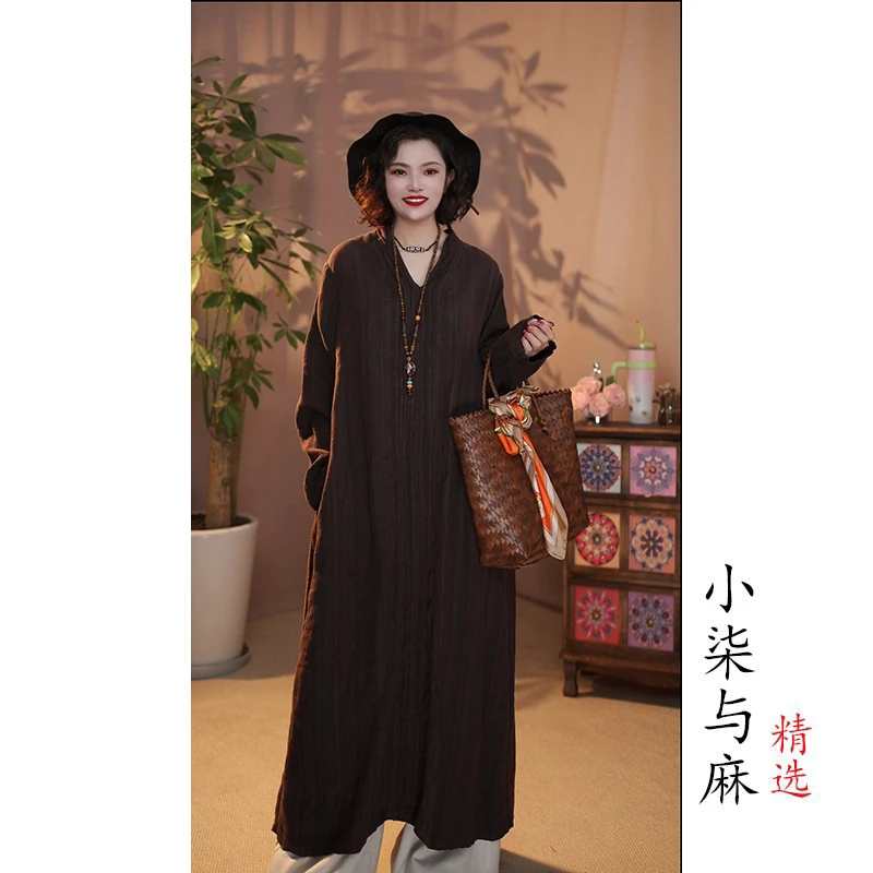 【小柒与麻】炒色V领风情褶皱色织裙袍（衣长119胸围130）咖色