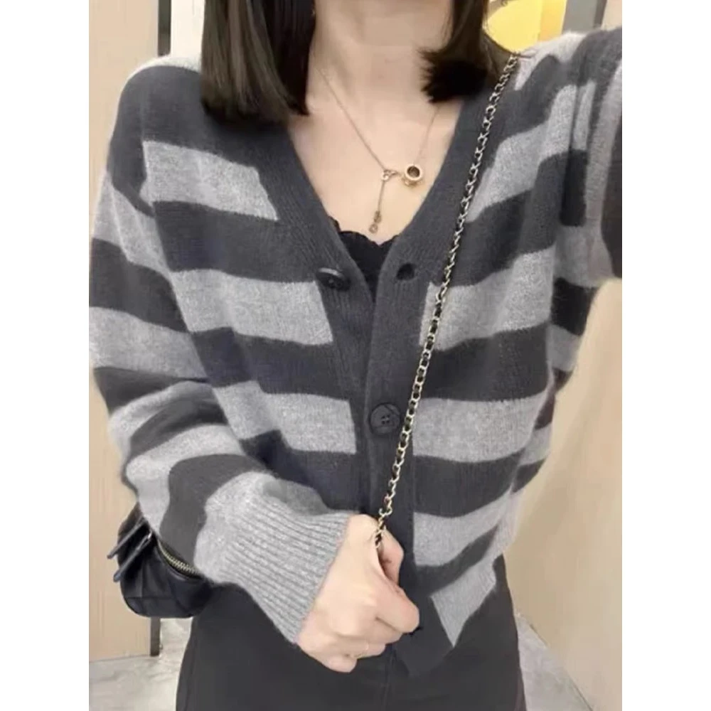 /雾灰开衫/欧货重磅高级感蓝色条纹休闲针织毛衣外套上衣CM03