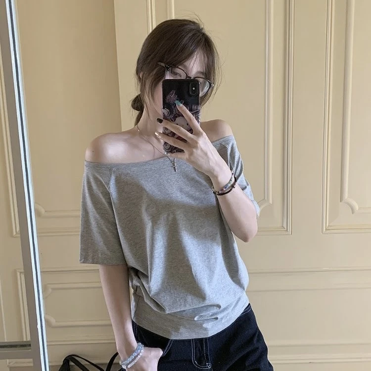 2025夏季新款小众设计感宽松弹力一字肩百搭显瘦上衣女短袖T桖