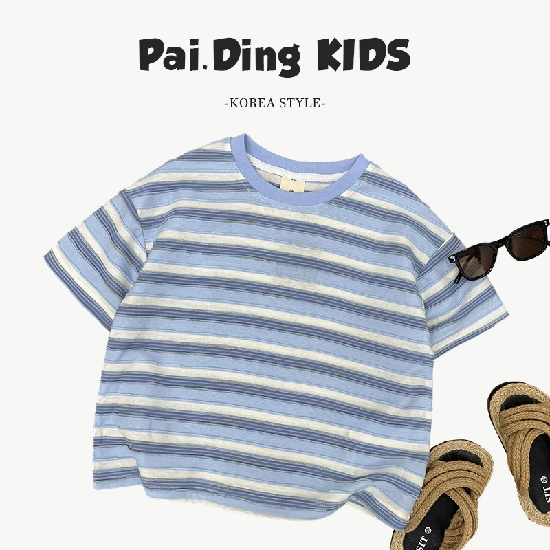 【小首尔】Q2现货-夏装儿童韩版撞色条纹休闲宽松圆领短袖T恤SJ5649