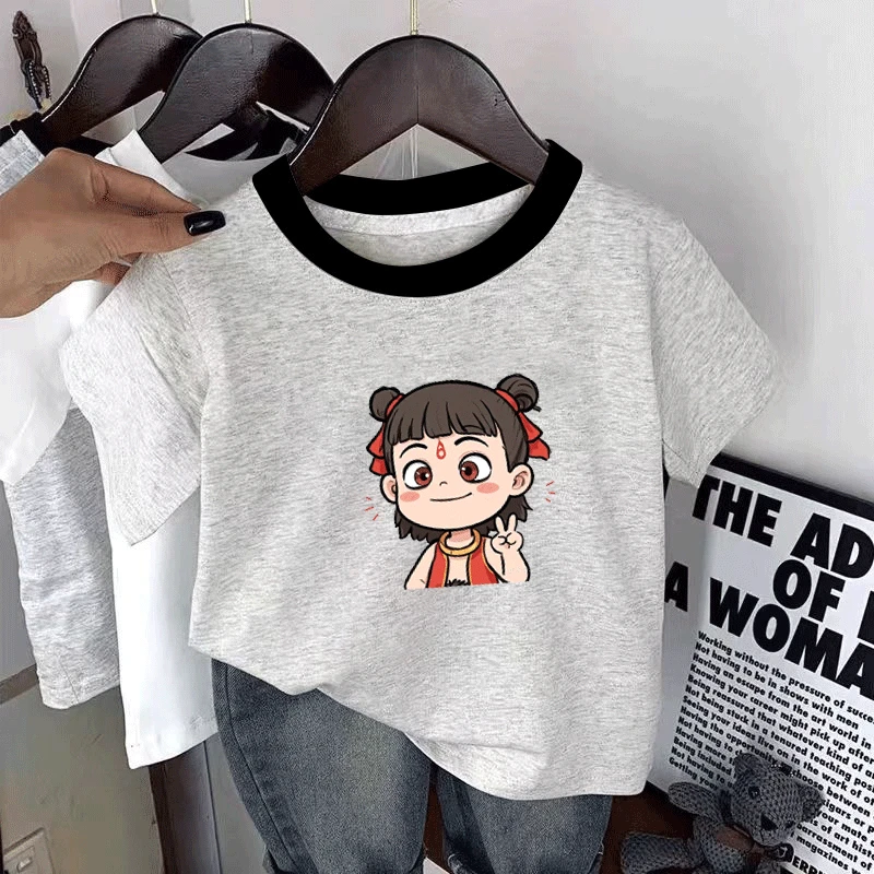 新款哪吒男女童纯棉短袖休闲百搭T中小儿童宝宝打底夏季卡通上衣