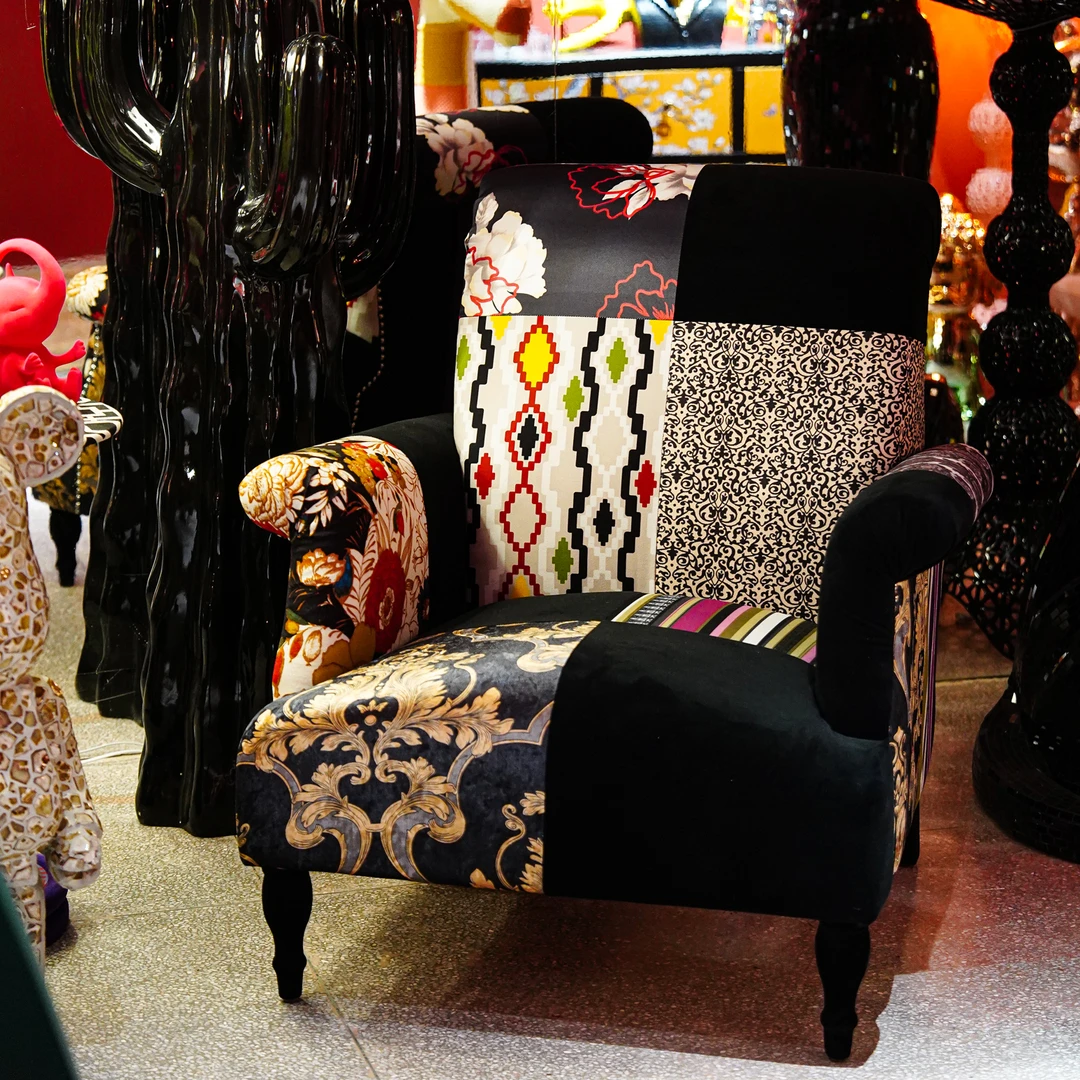 BP03黑色波普风布艺拼接沙发椅单人位布艺93*93*95